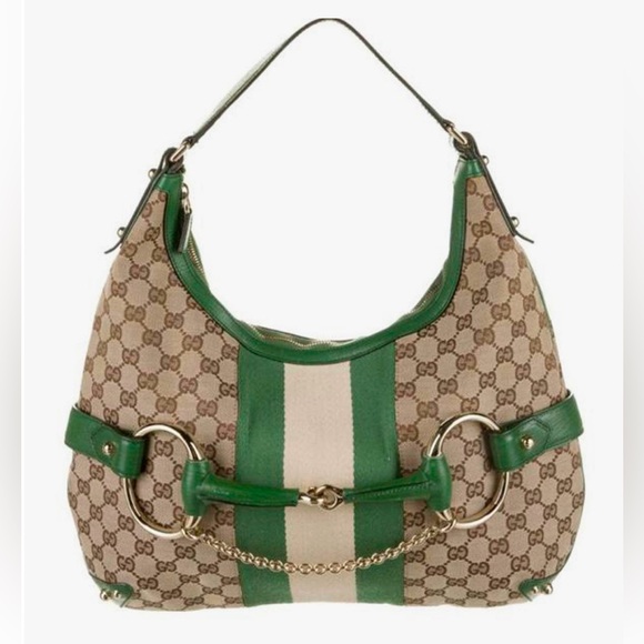 Gucci RARE Green Large Horsebit Chain Web Monogram Hobo Shoulder Bag $2500 - Picture 1 of 6